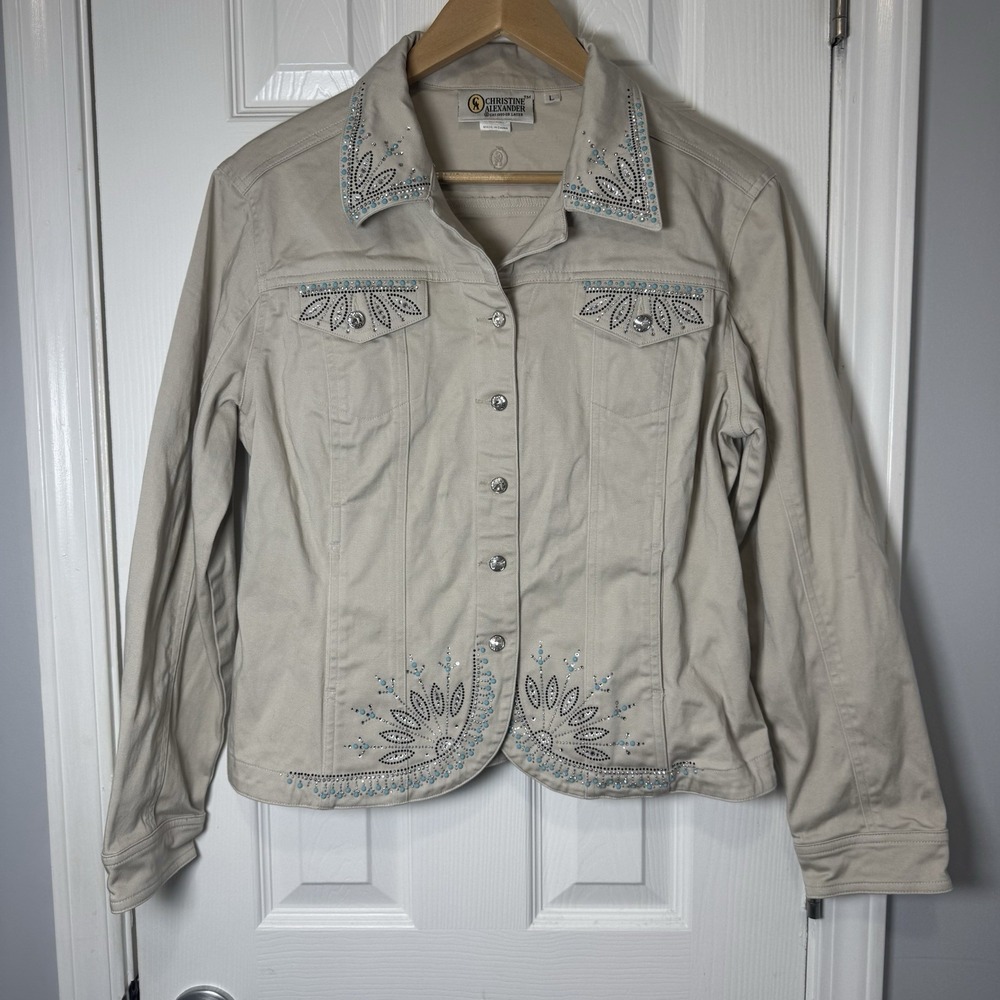 Vintage Christine Alexander Swarovski Crystal Floral Jacket Ivory Womens Large